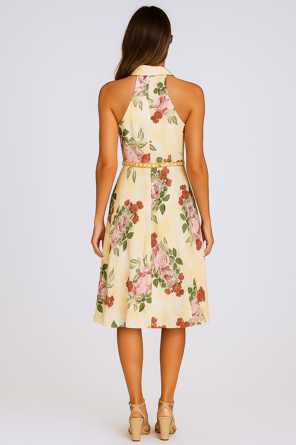 Ivory Fauna Floral Halter Collared Midi Dress