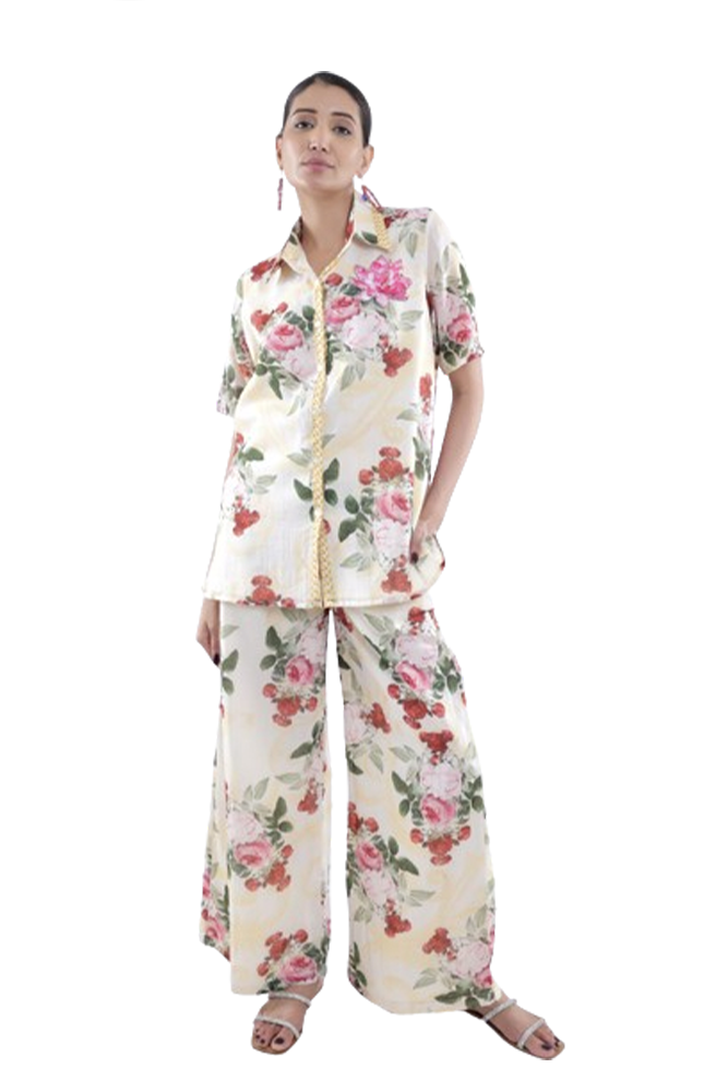 Ivory Peonia Printed Short Sleeve Shirt