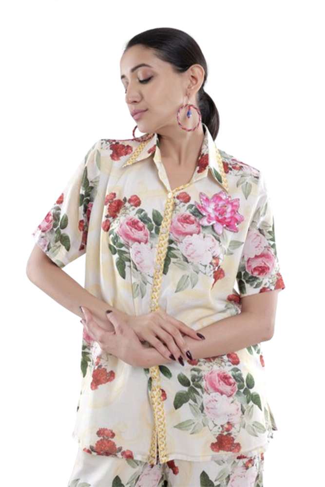 Ivory Peonia Printed Short Sleeve Shirt