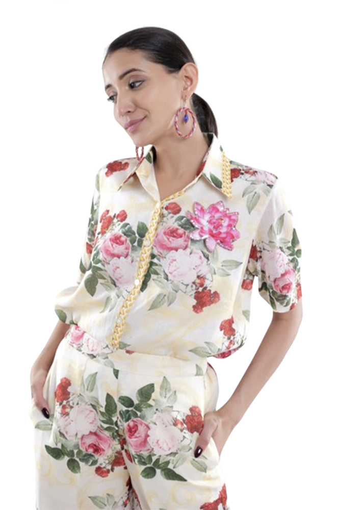 Ivory Peonia Printed Short Sleeve Shirt