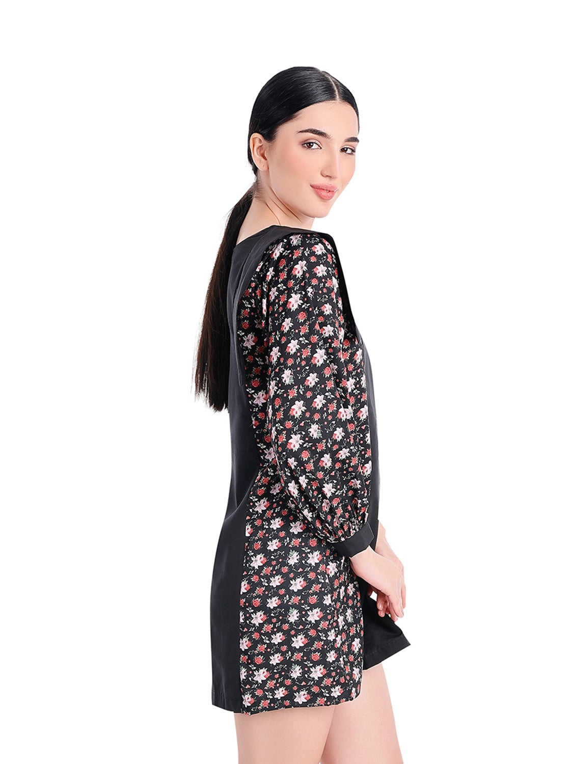 Semi-Printed Floral Black Dress