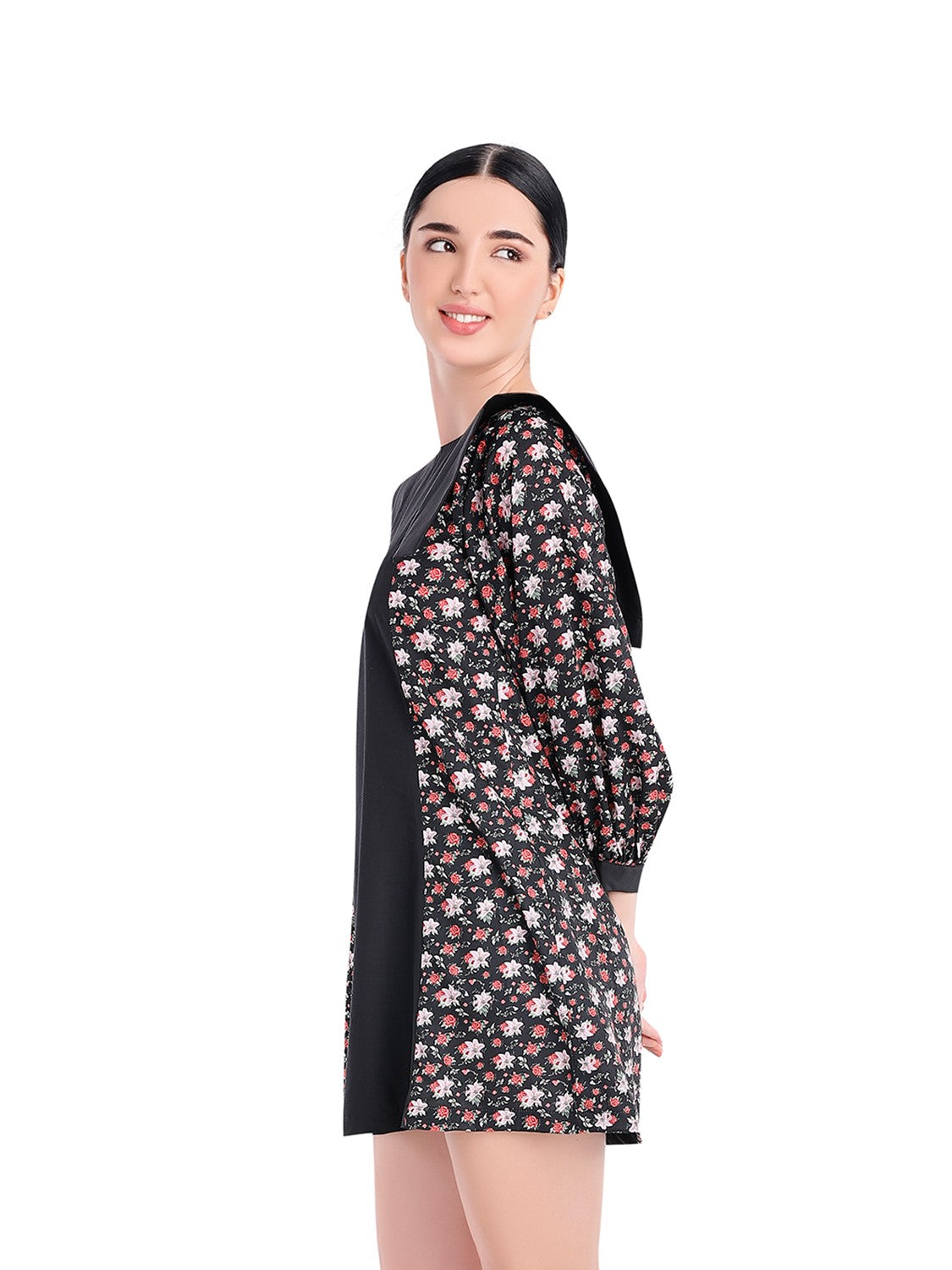 Semi-Printed Floral Black Dress