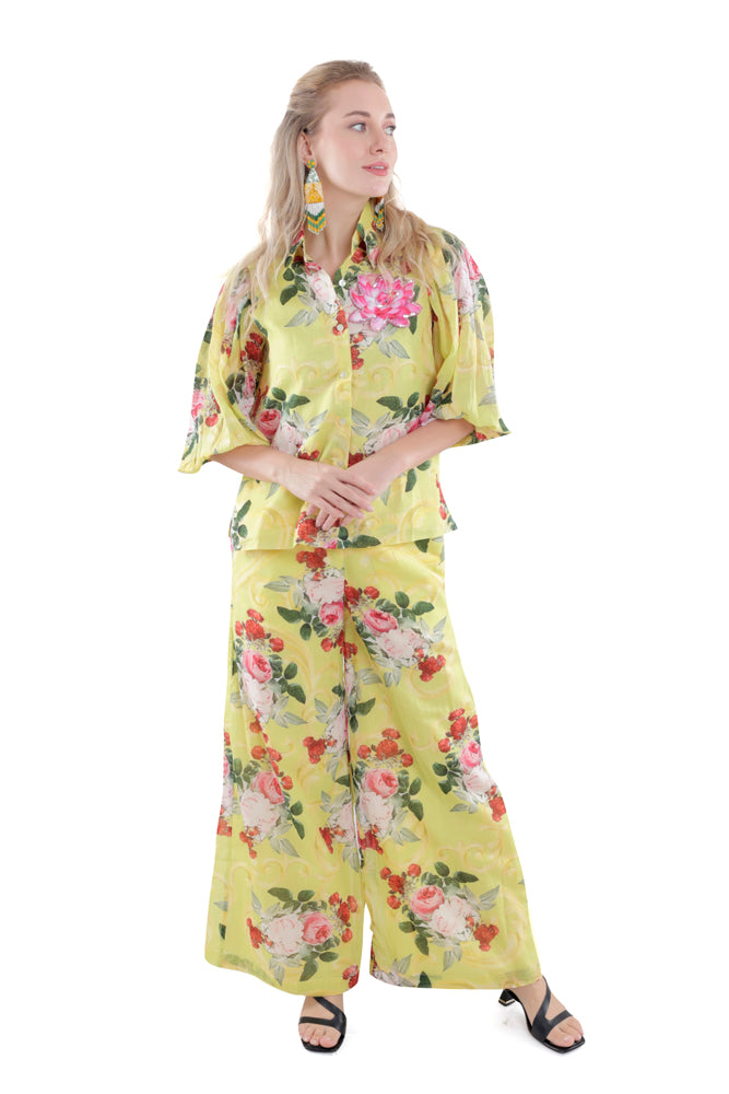 Neon Peonia Printed Balloon Sleeve Shirt