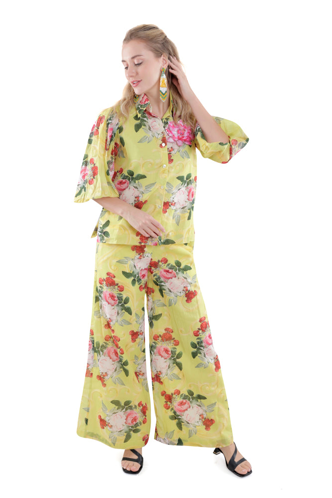 Neon Peonia Printed Balloon Sleeve Shirt