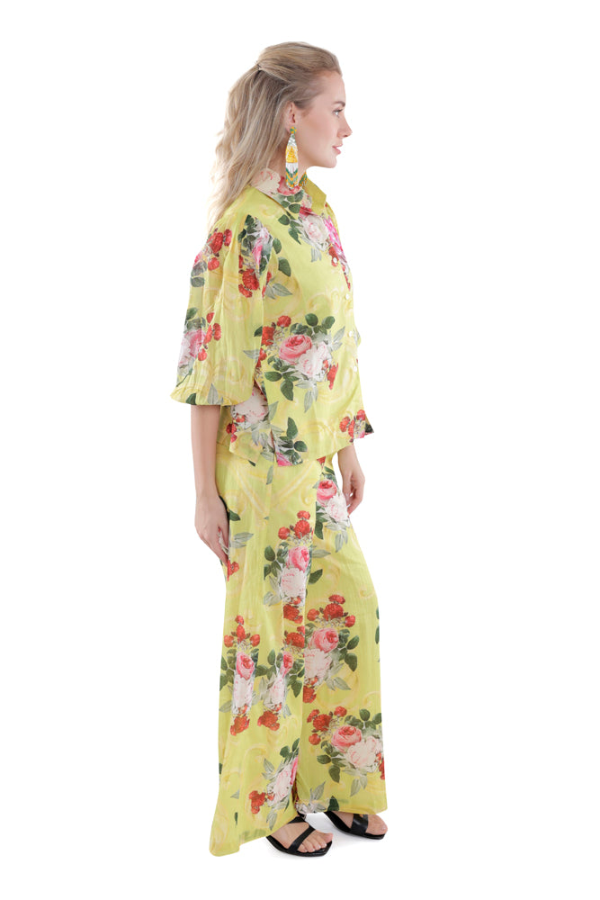 Neon Peonia Printed Balloon Sleeve Shirt