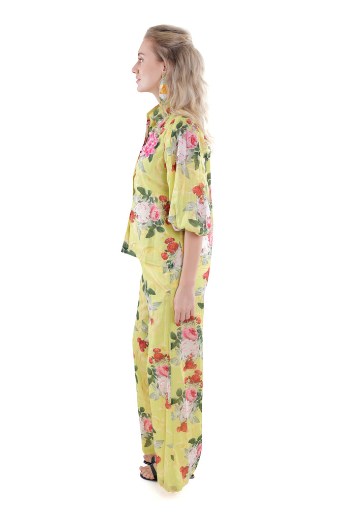 Neon Peonia Printed Balloon Sleeve Shirt
