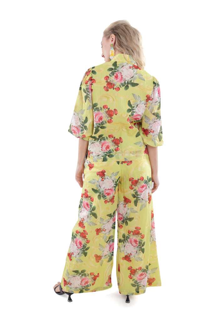 Neon Peonia Printed Balloon Sleeve Shirt