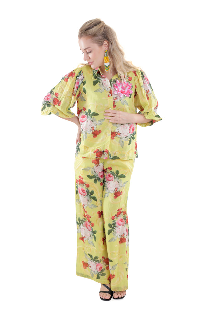 Neon Peonia Printed Balloon Sleeve Shirt