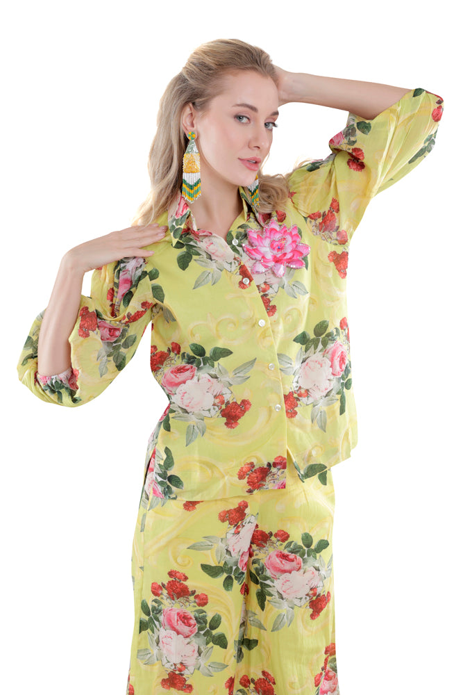 Neon Peonia Printed Balloon Sleeve Shirt