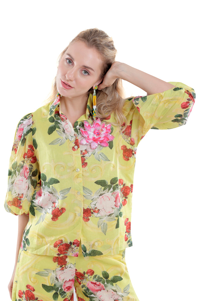 Neon Peonia Printed Balloon Sleeve Shirt