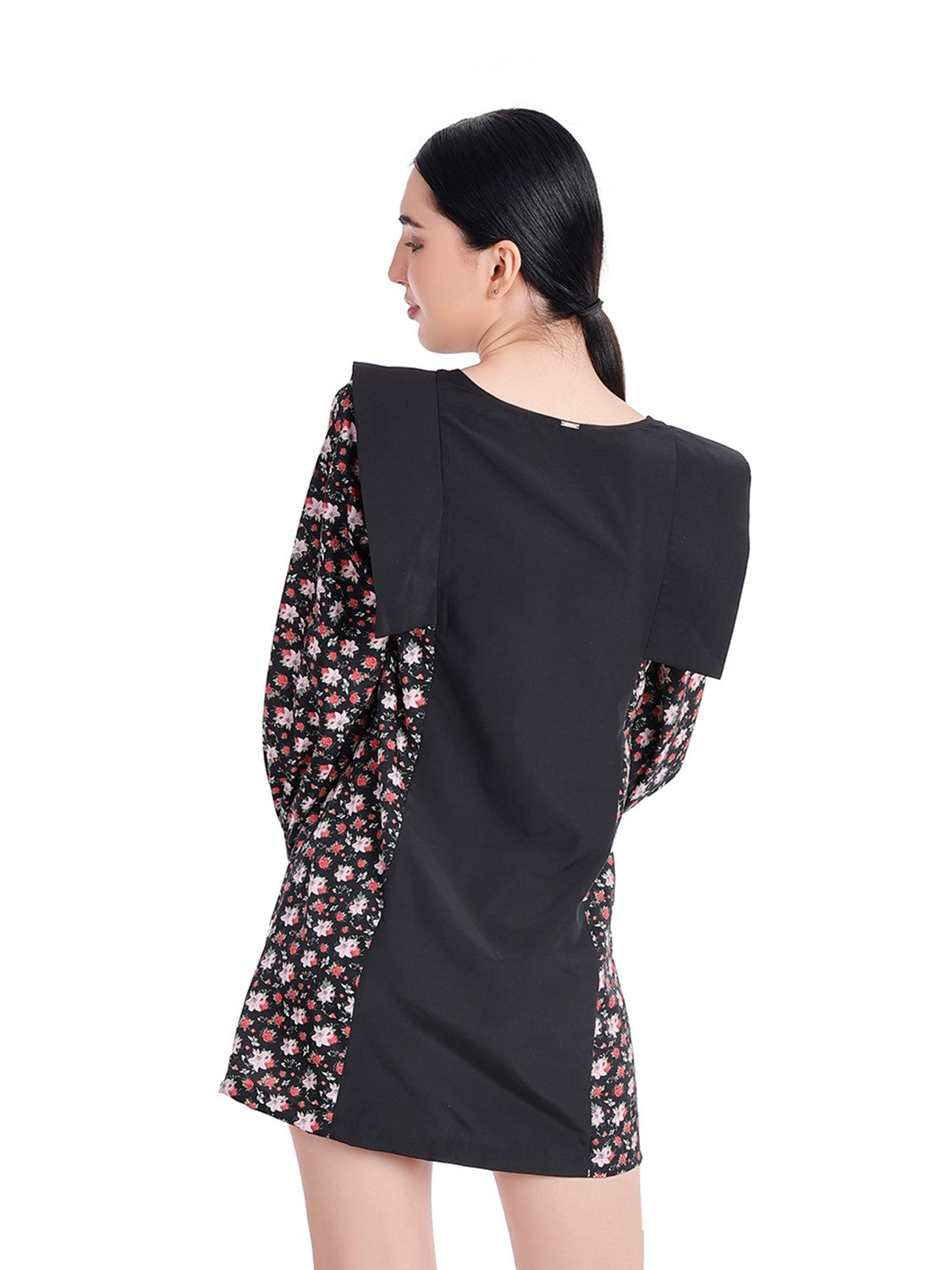 Semi-Printed Floral Black Dress