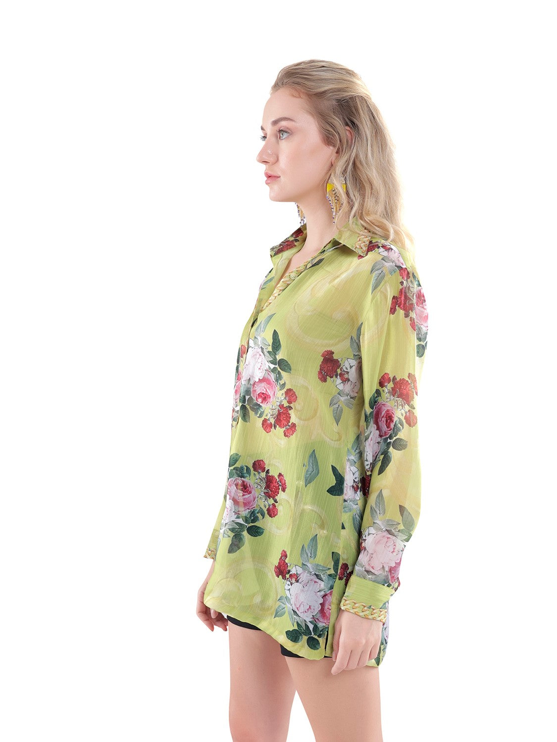 Neon Floral Printed Sheer Shirt