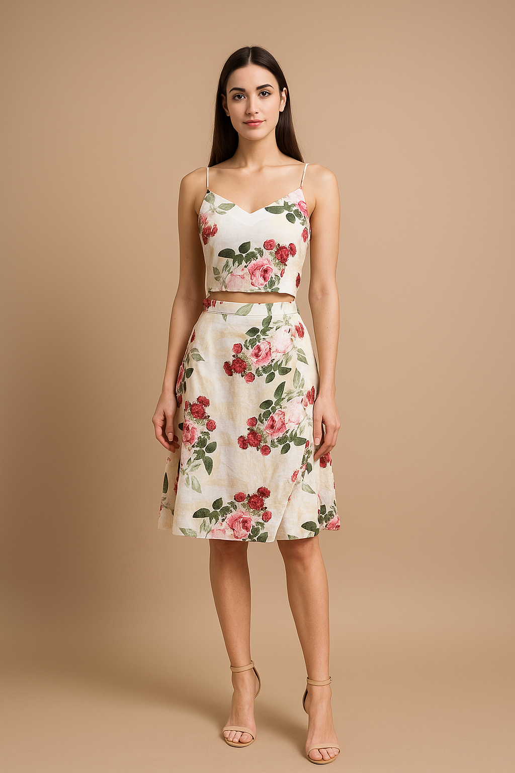 Ivory Peonia printed slip top & skirt co-ord set
