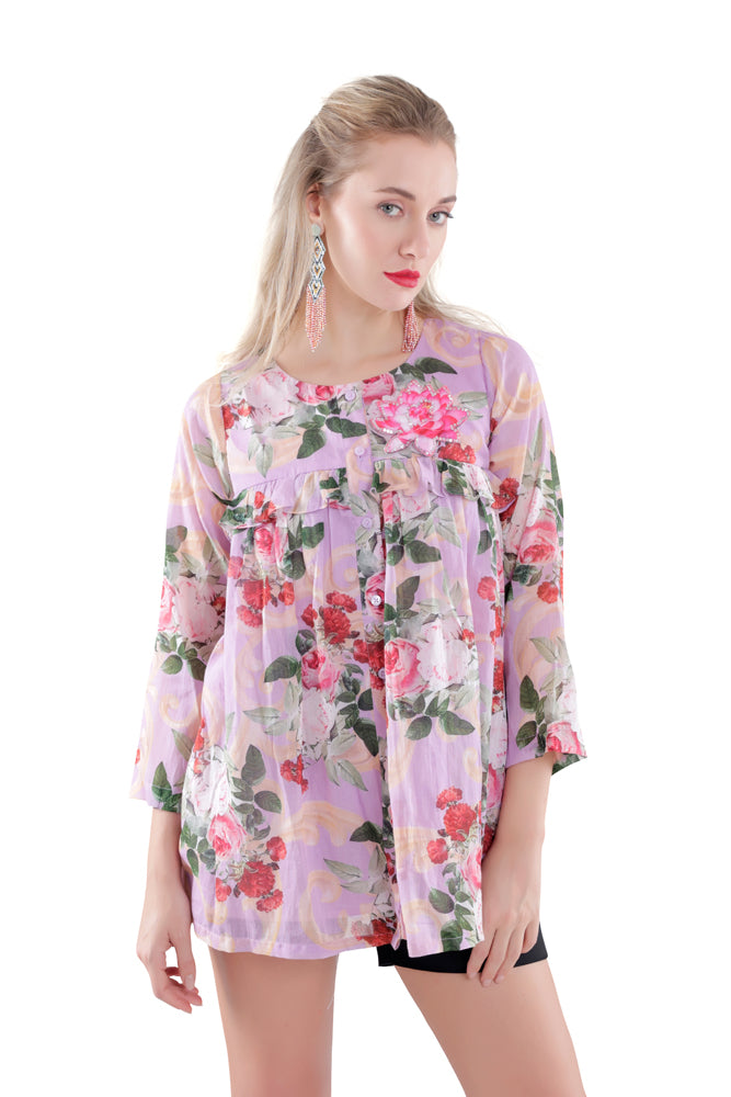 Lavender Peonia Printed Peplum Shirt