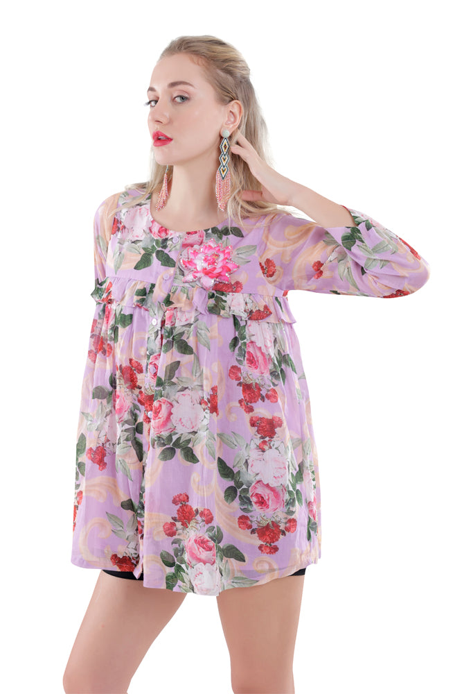 Lavender Peonia Printed Peplum Shirt