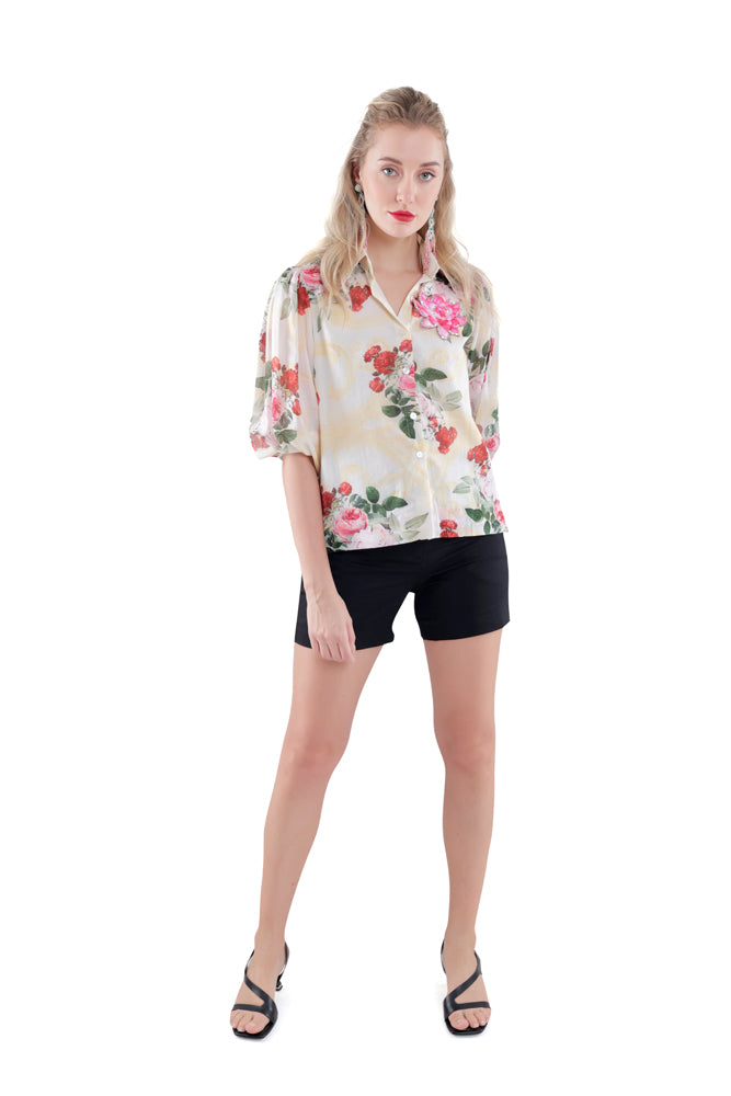 Ivory Peonia Printed Balloon Sleeve Shirt