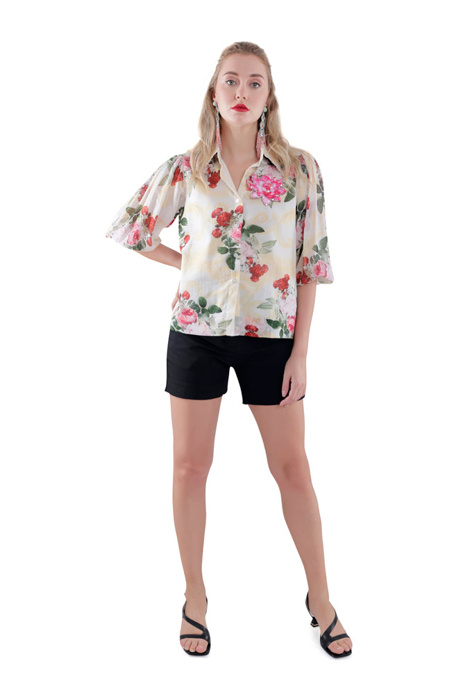 Ivory Peonia Printed Balloon Sleeve Shirt
