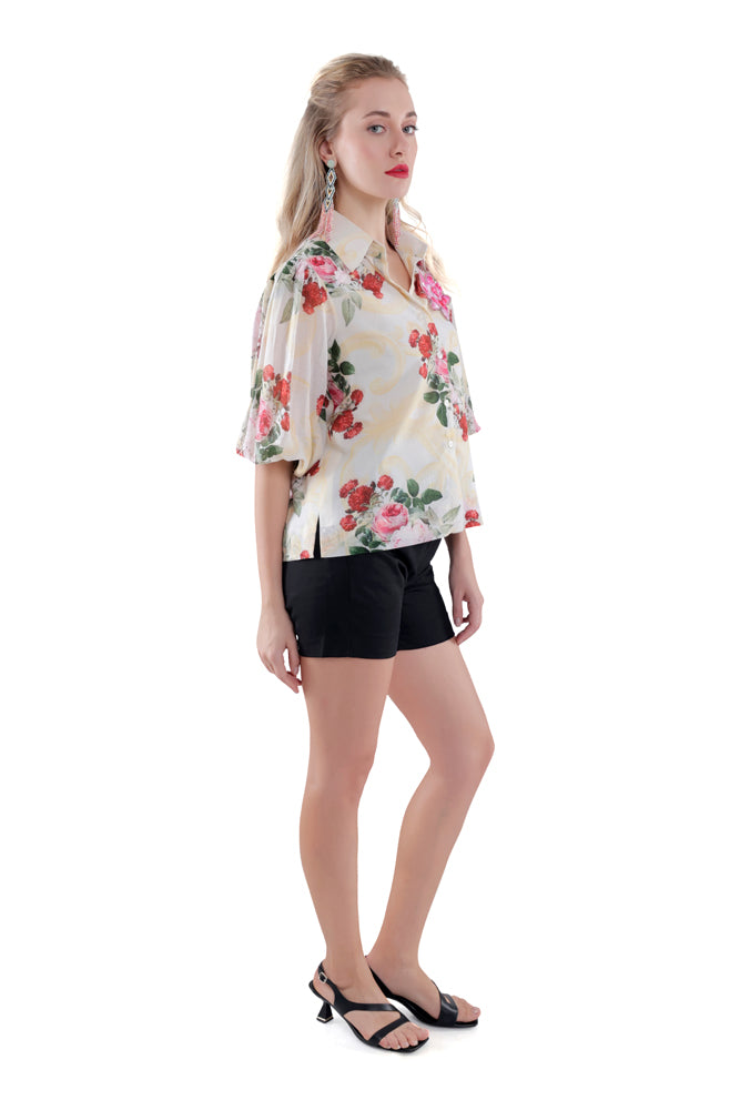 Ivory Peonia Printed Balloon Sleeve Shirt