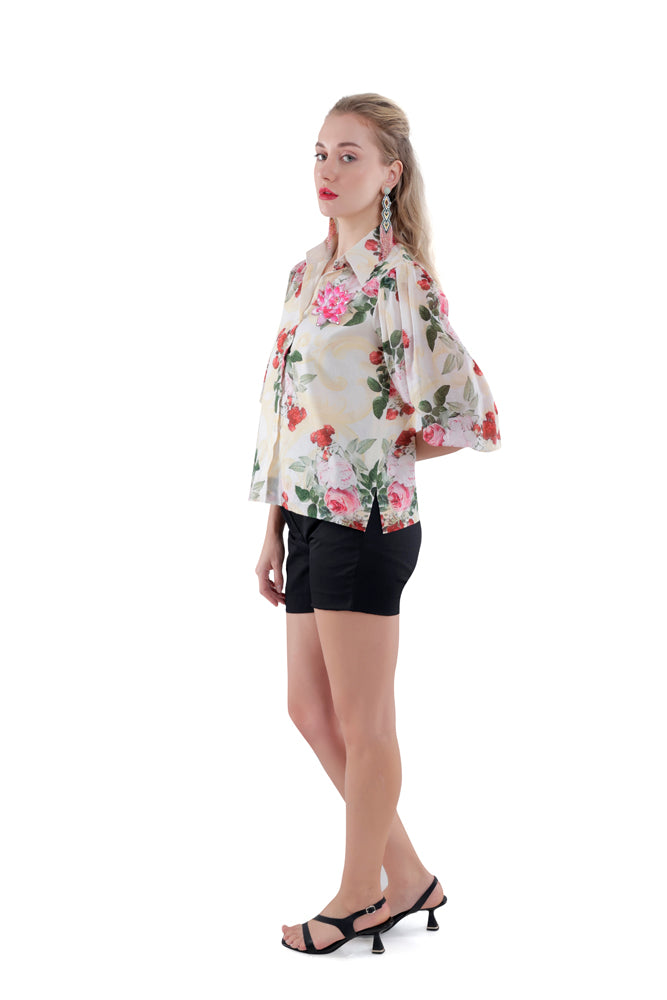 Ivory Peonia Printed Balloon Sleeve Shirt