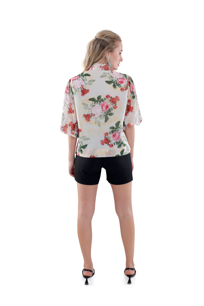 Ivory Peonia Printed Balloon Sleeve Shirt