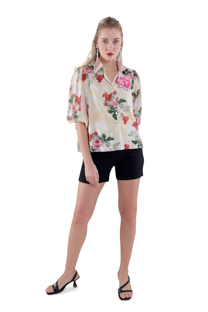 Ivory Peonia Printed Balloon Sleeve Shirt