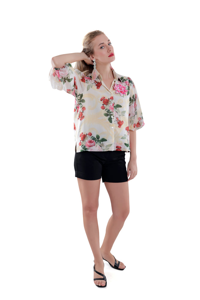 Ivory Peonia Printed Balloon Sleeve Shirt