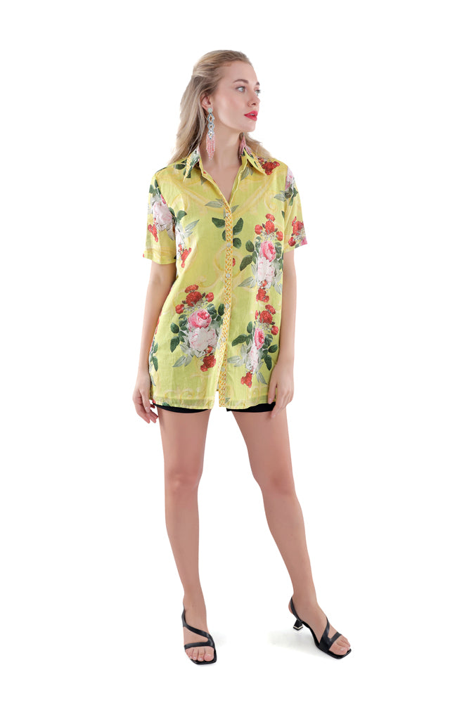 Neon Peonia Printed Short Sleeve Shirt