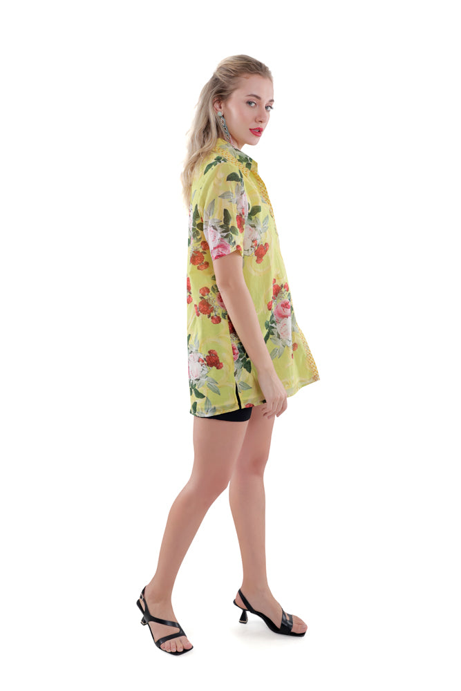 Neon Peonia Printed Short Sleeve Shirt