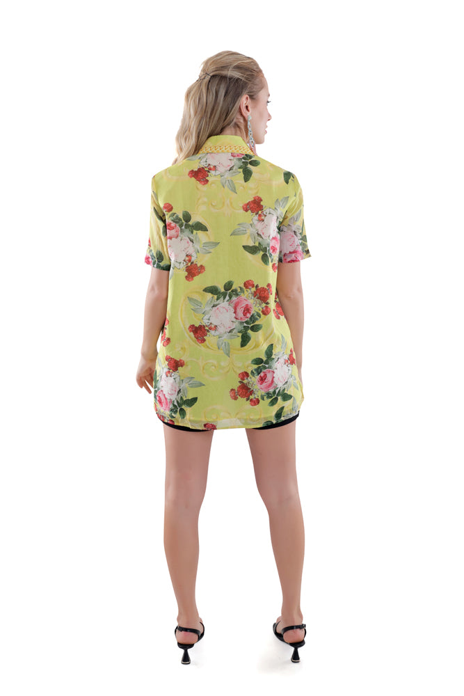 Neon Peonia Printed Short Sleeve Shirt