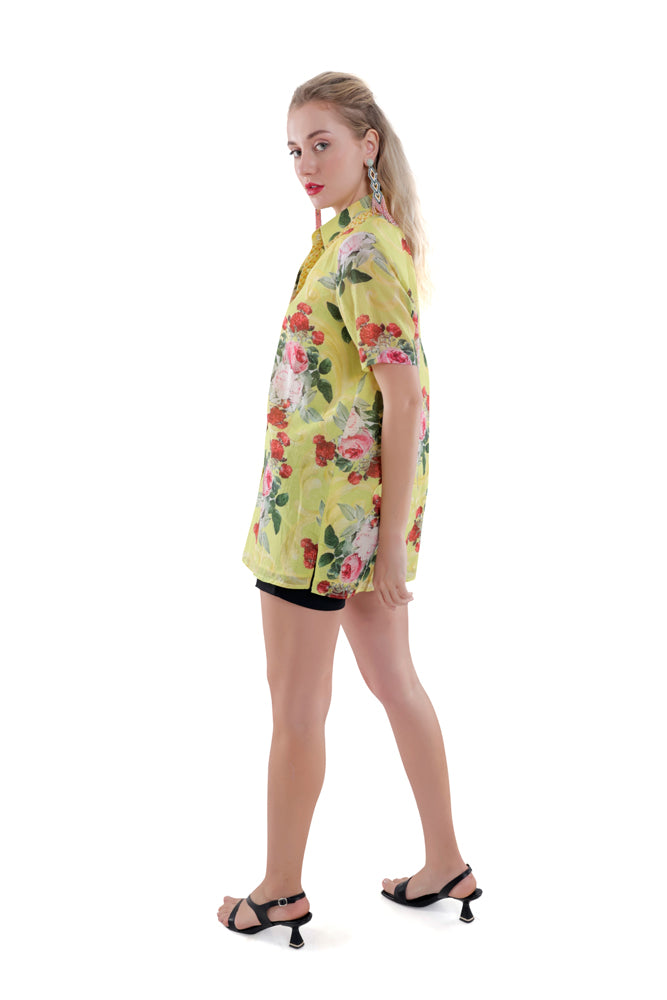 Neon Peonia Printed Short Sleeve Shirt