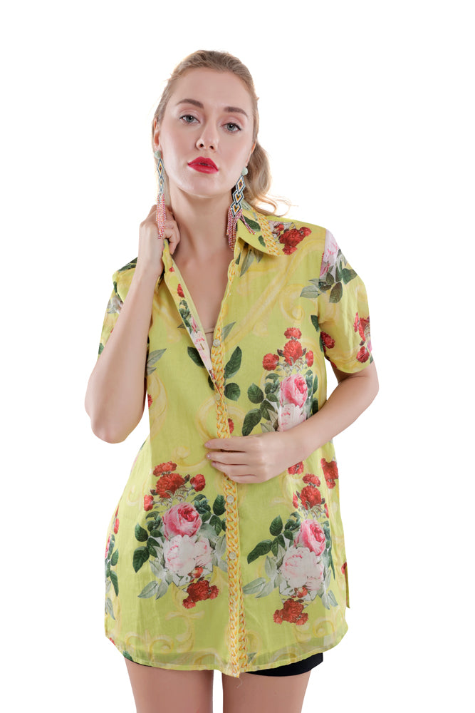 Neon Peonia Printed Short Sleeve Shirt