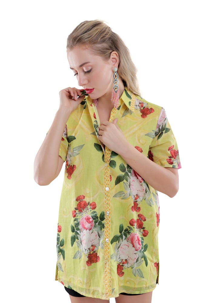 Neon Peonia Printed Short Sleeve Shirt