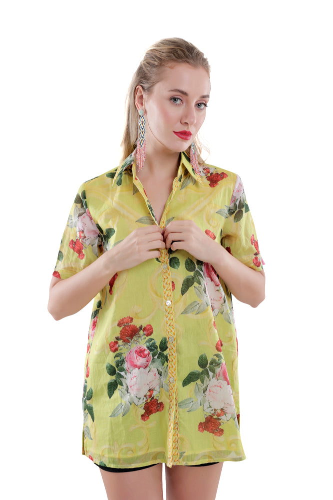 Neon Peonia Printed Short Sleeve Shirt