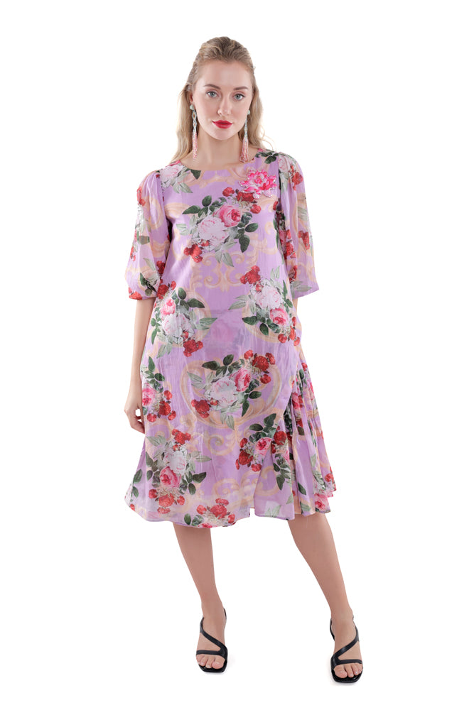 Lavender Peonia Printed Side Pleated Dress