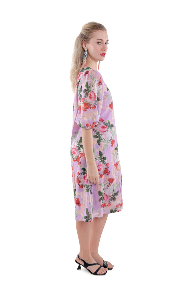 Lavender Peonia Printed Side Pleated Dress