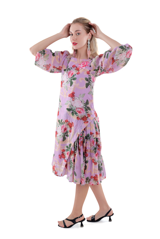 Lavender Peonia Printed Side Pleated Dress