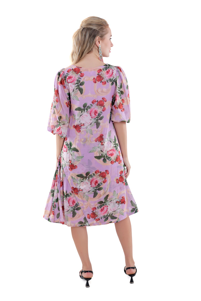 Lavender Peonia Printed Side Pleated Dress