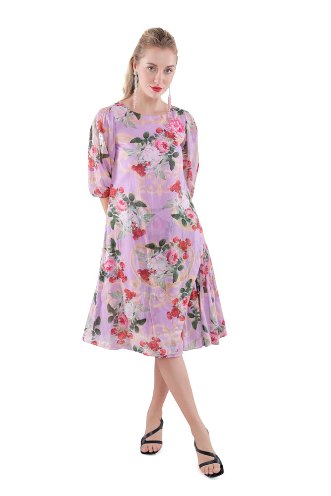 Lavender Peonia Printed Side Pleated Dress