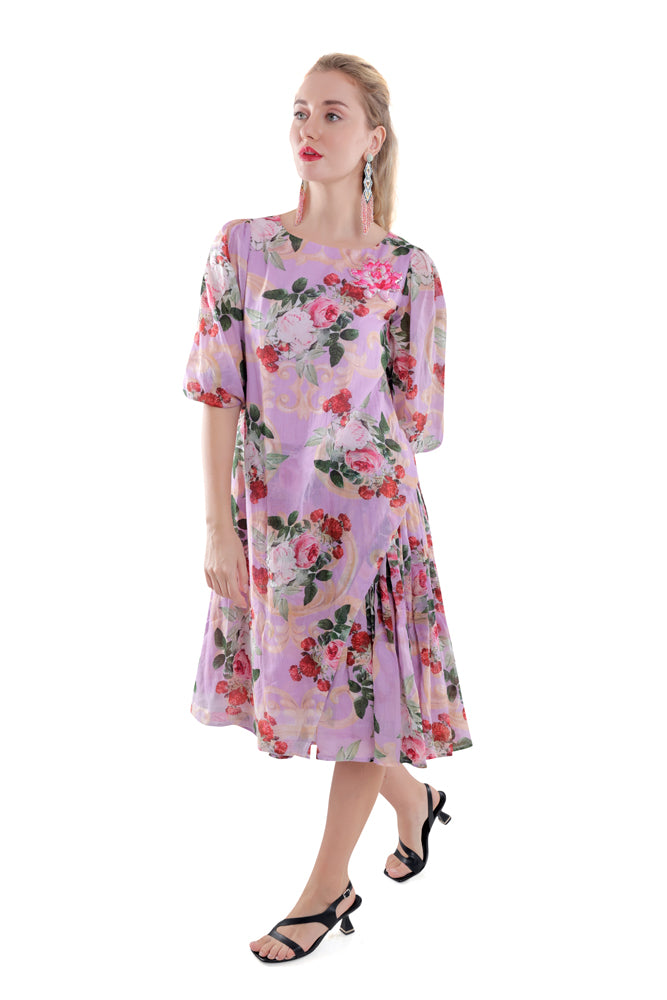 Lavender Peonia Printed Side Pleated Dress