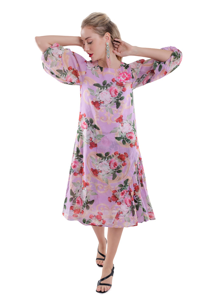 Lavender Peonia Printed Side Pleated Dress