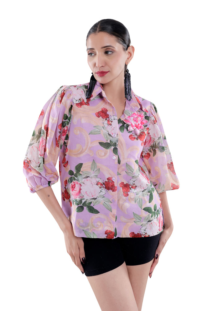 Lavender Peonia Printed Balloon Sleeve Shirt