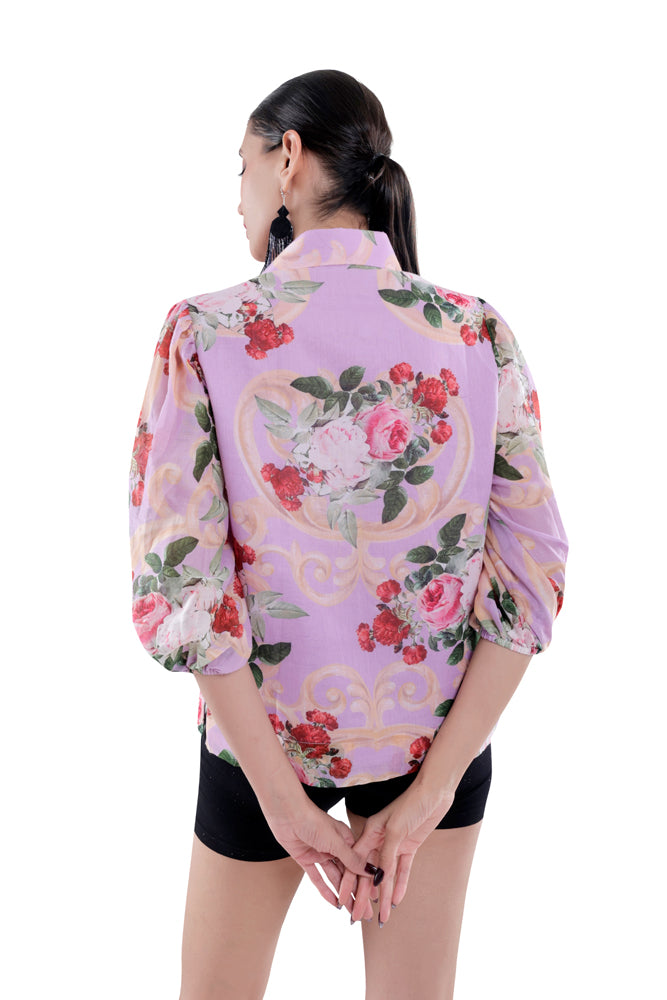 Lavender Peonia Printed Balloon Sleeve Shirt