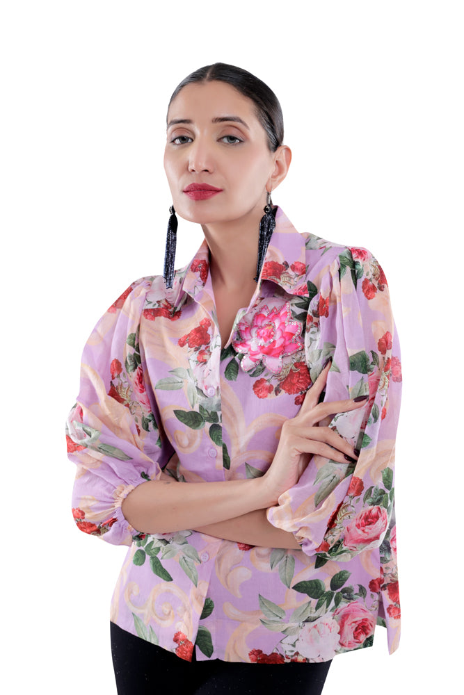 Lavender Peonia Printed Balloon Sleeve Shirt