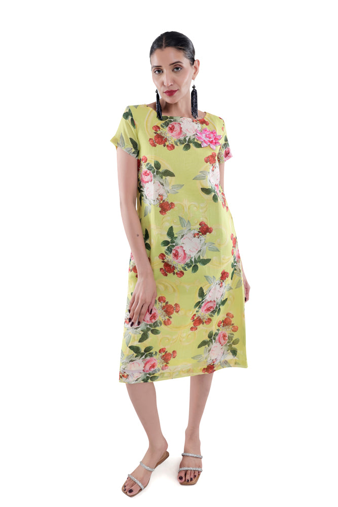 Neon Peonia Printed Straight Cut Dress