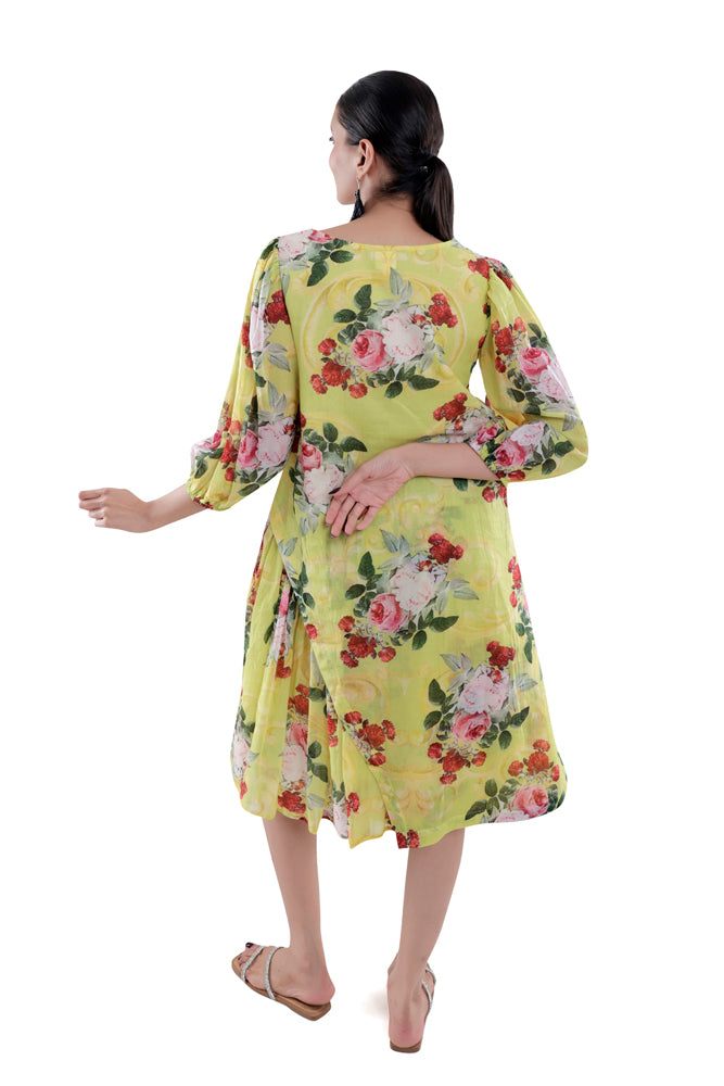 Neon Peonia Printed Side Pleated Dress