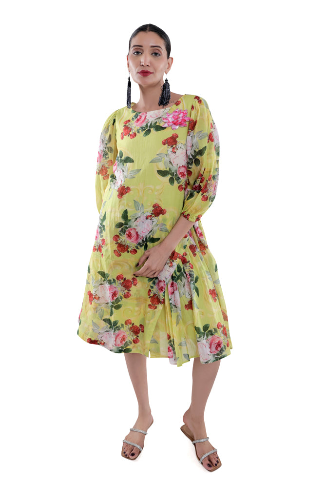 Neon Peonia Printed Side Pleated Dress
