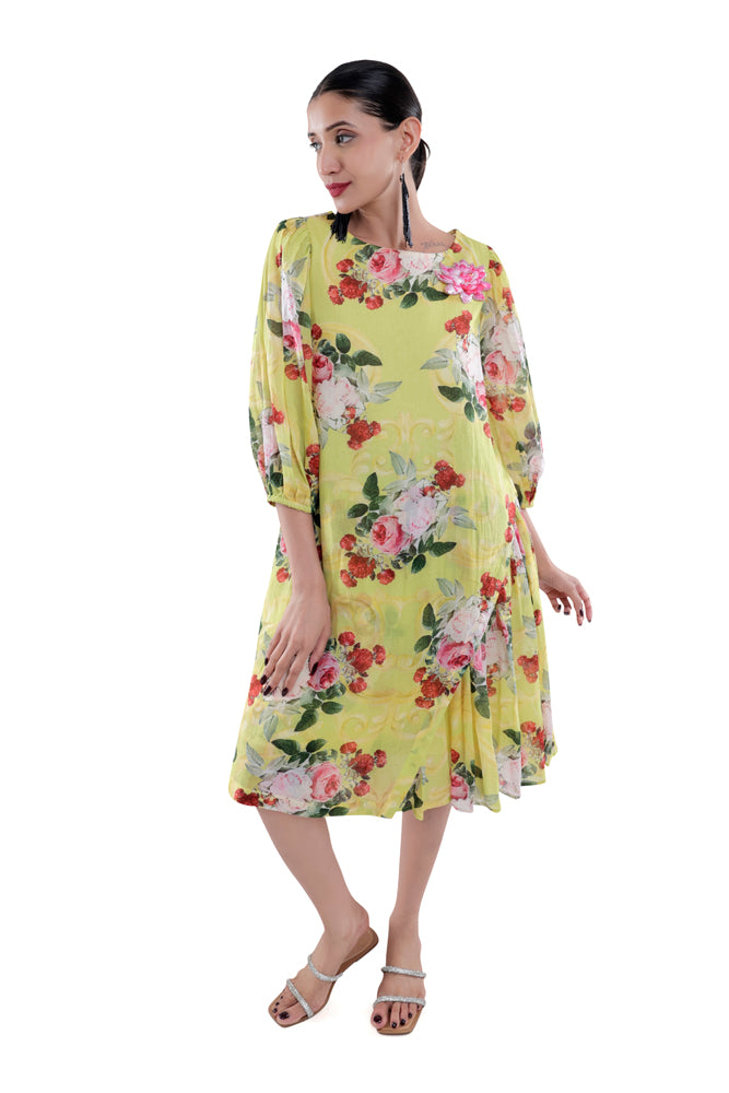 Neon Peonia Printed Side Pleated Dress