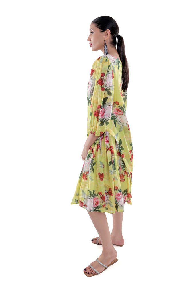 Neon Peonia Printed Side Pleated Dress