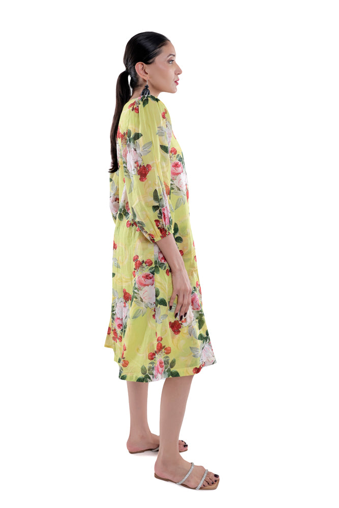Neon Peonia Printed Side Pleated Dress