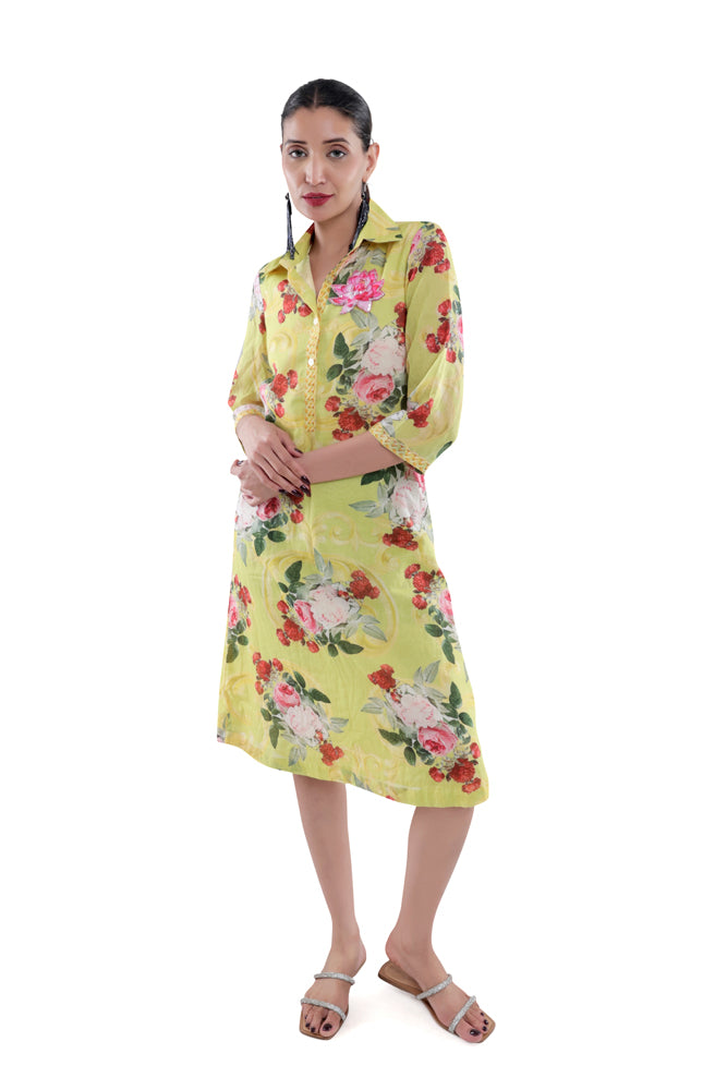 Neon Peonia Printed Straight Shirt Dress